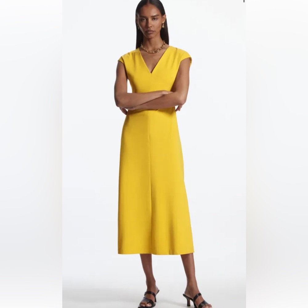 COS V Neck Cap Sleeve Bright Yellow Midi Fitted Dress Woman’s Size Large